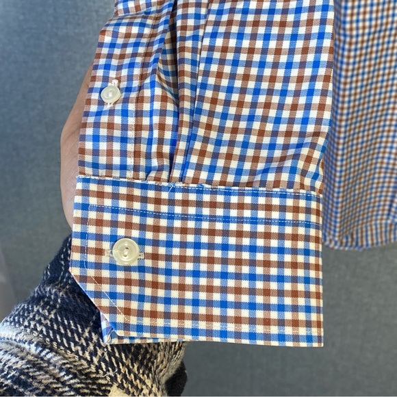 Eton Contemporary 17/43 XL Men’s Dress Shirt Spread Collar Blue Brown Gingham - Picture 5 of 8